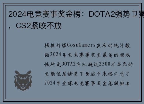 2024电竞赛事奖金榜：DOTA2强势卫冕，CS2紧咬不放