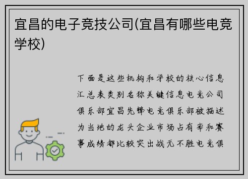 宜昌的电子竞技公司(宜昌有哪些电竞学校)